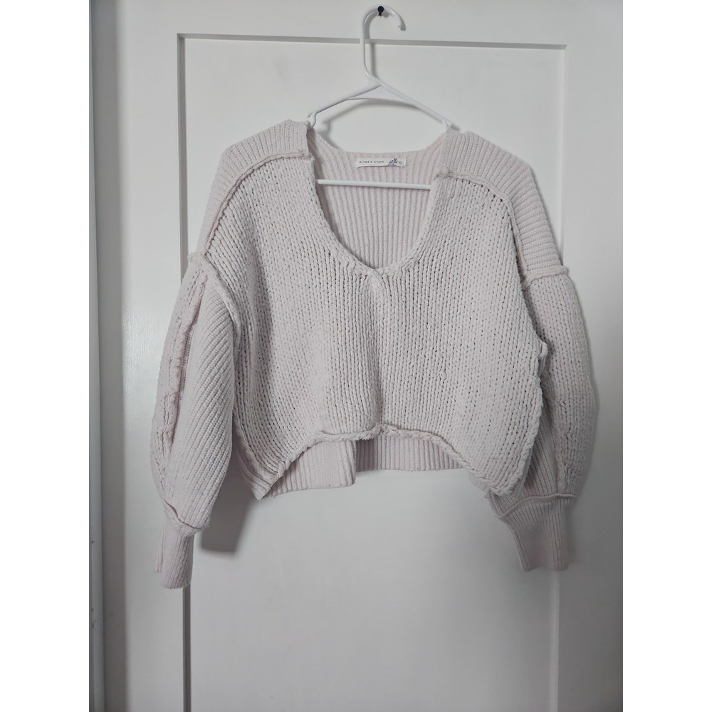 Altar'd State Chenille Cropped Sweater White V-Neck Chunky Knit Large